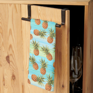 Fun Pineapple Fruit Pattern Watercolor Art Stripes Tea Towel
