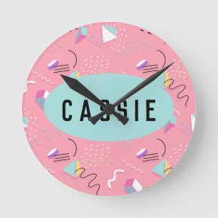 Fun Pink 1990s Throwback Graphics Round Clock