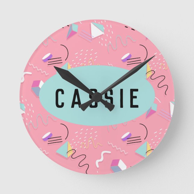 Fun Pink 1990s Throwback Graphics Round Clock (Front)