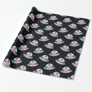 Fun Pink Alien in Flying Saucer Pattern Wrapping Paper