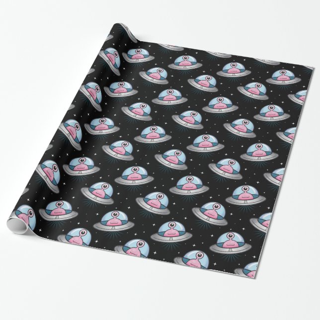 Fun Pink Alien in Flying Saucer Pattern Wrapping Paper (Unrolled)