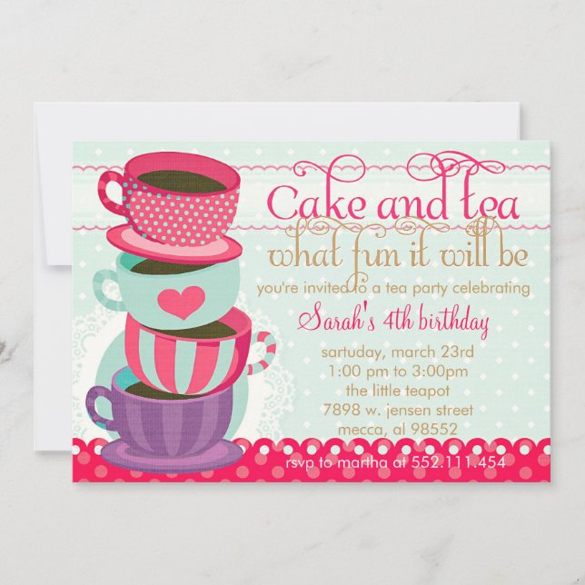 Fun Pink and Blue Cute Cups Tea Birthday Party Invitation (Front)