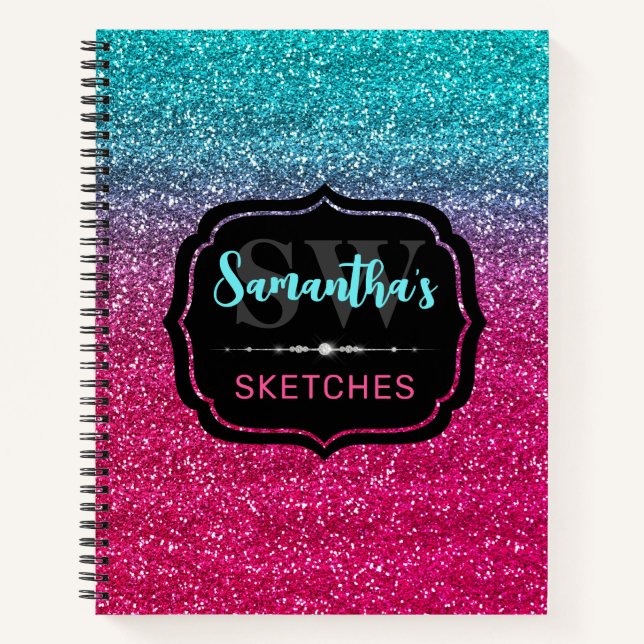 Fun Pink and Blue Gradient Monogram Sketchbook Notebook (Front)