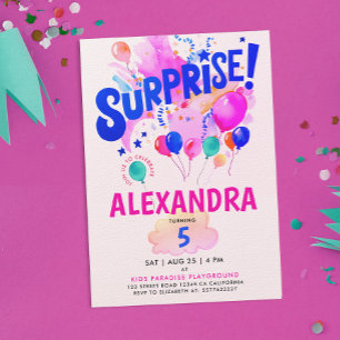 Fun Pink And Blue Surprise Baloon Kids Watercolor Invitation
