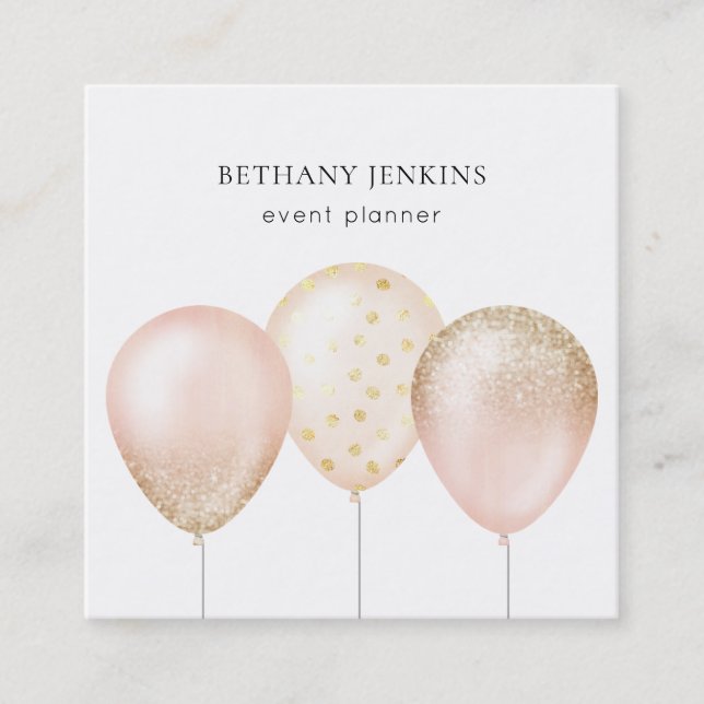 Fun Pink and Gold Balloons Glitter Business Card (Front)
