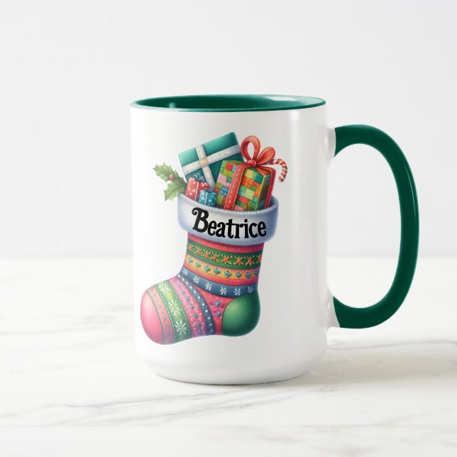 Fun Pink and Green Christmas Stocking Customisable Mug (Right)
