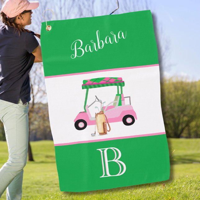 Fun Pink and Green Golf Cart Monogram Name  Towel (Creator Uploaded)