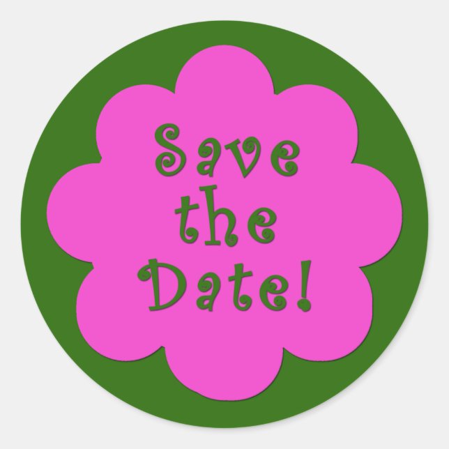 Fun Pink and Green Save the Date Stickers (Front)