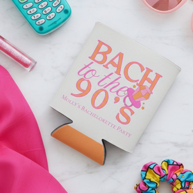 Fun Pink and Orange 90s Retro Bachelorette Can Cooler (90s Retro Bachelorette Can Cooler)