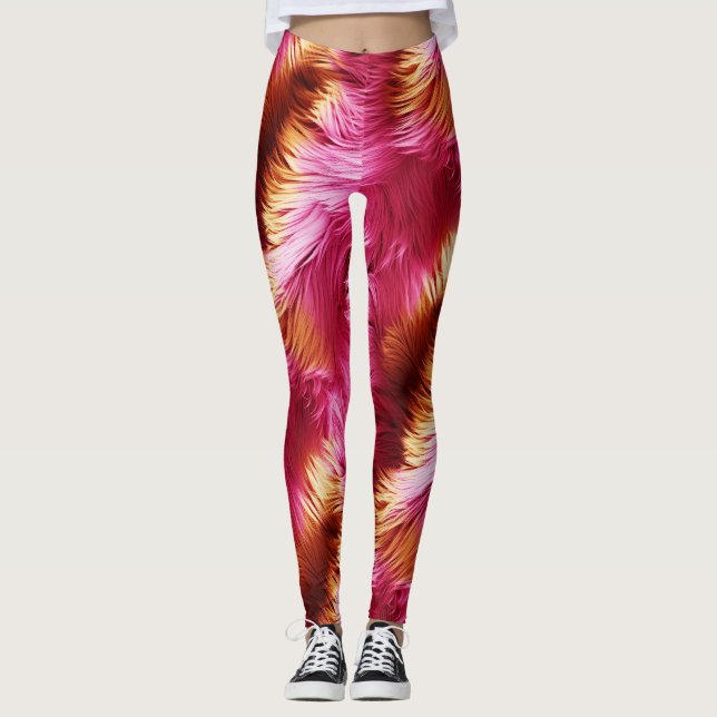 Fun Pink and Orange faux monster fur texture Leggings (Front)