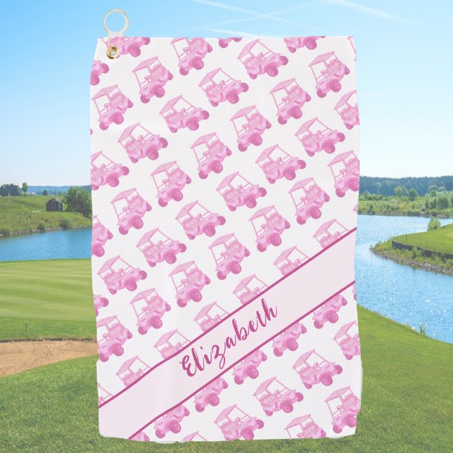 Fun pink and white golf cart personalised name golf towel (Creator Uploaded)