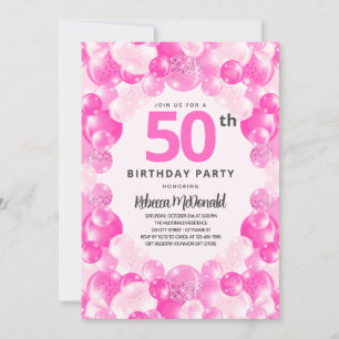 Fun Pink Balloons Faux Glitter 50th Birthday Party Invitation