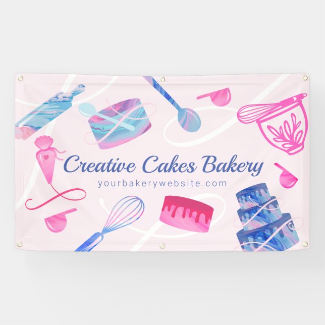 Fun Pink Blue Marble Bakery Cakes Tools & Utensils Banner (Horizontal)