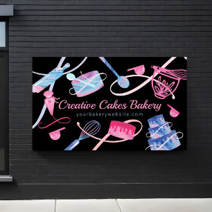 Fun Pink Blue Marble Bakery Cakes Tools & Utensils Banner