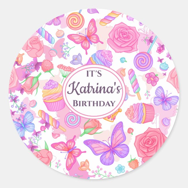 Fun Pink Butterfly, Cupcake, Candy Pattern Classic Round Sticker (Front)