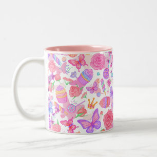 Fun Pink Butterfly, Cupcake, Candy Pattern Two-Tone Coffee Mug