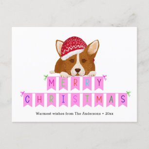 Fun Pink Christmas Bunting Banner Red Hat Corgi Postcard