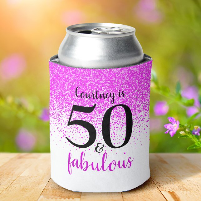 Fun pink confetti 50 and fabulous custom name can cooler (Creator Uploaded)