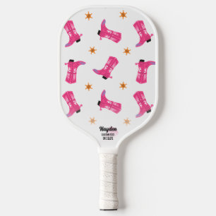 Fun Pink Cowboy Boots Gold Stars Custom Text Pickleball Paddle