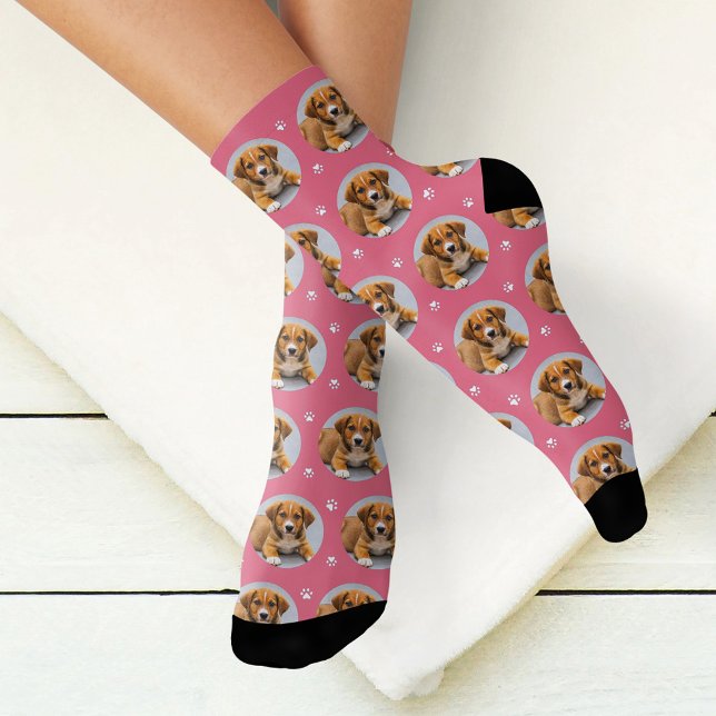Fun Pink Custom Dog Photo Paw Print Socks (Creator Uploaded)