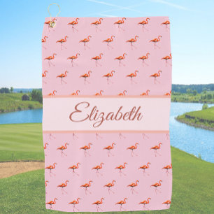 Fun pink custom name ladies flamingo golf towel