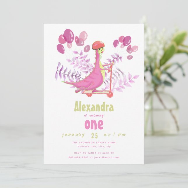  Fun Pink Dinosaur Scooter Girl Birthday Party Invitation (Standing Front)