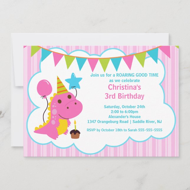 Fun Pink Dinosaurs Birthday Party Invitation (Front)