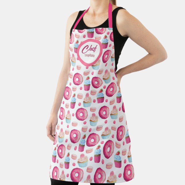 Fun Pink Doughnuts Pattern, Personalised Apron (Insitu)
