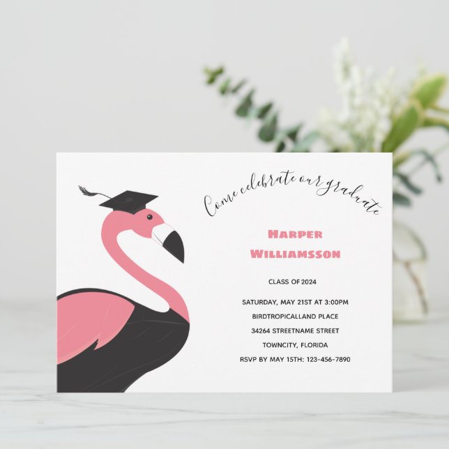 Fun Pink Flamingo Animal Graduation Invitation (Standing Front)