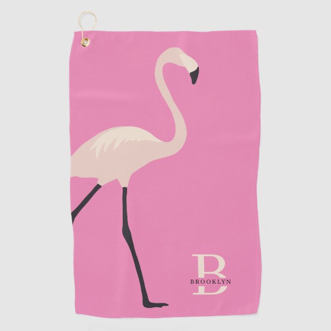 Fun Pink Flamingo Pro Monogrammed Mother's Day Golf Towel (Front)