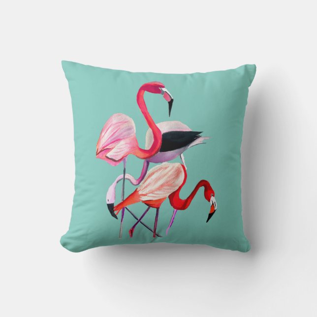 Fun pink flamingo watercolor illustration cushion (Front)