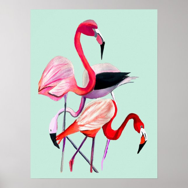 Fun pink flamingo watercolor illustration poster (Front)