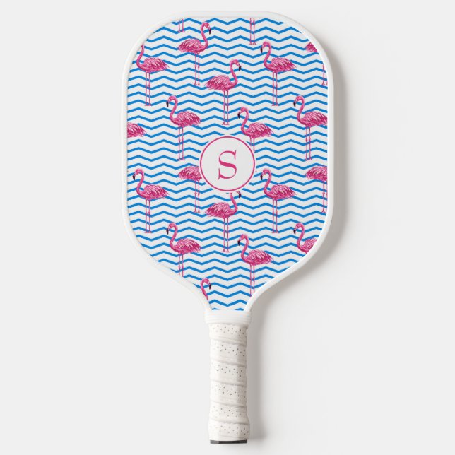 Fun Pink Flamingos Blue & White Chevron Pattern Pickleball Paddle (Front)
