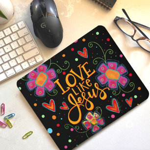 Fun Pink Floral Black Love Like Jesus Inspirivity Mouse Pad