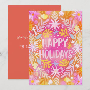 Fun Pink Floral Happy Holidays No Photo Holiday Card