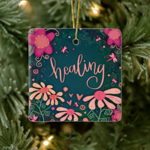 Fun Pink Floral Healing Pretty Heart Inspirivity   Ceramic Ornament
