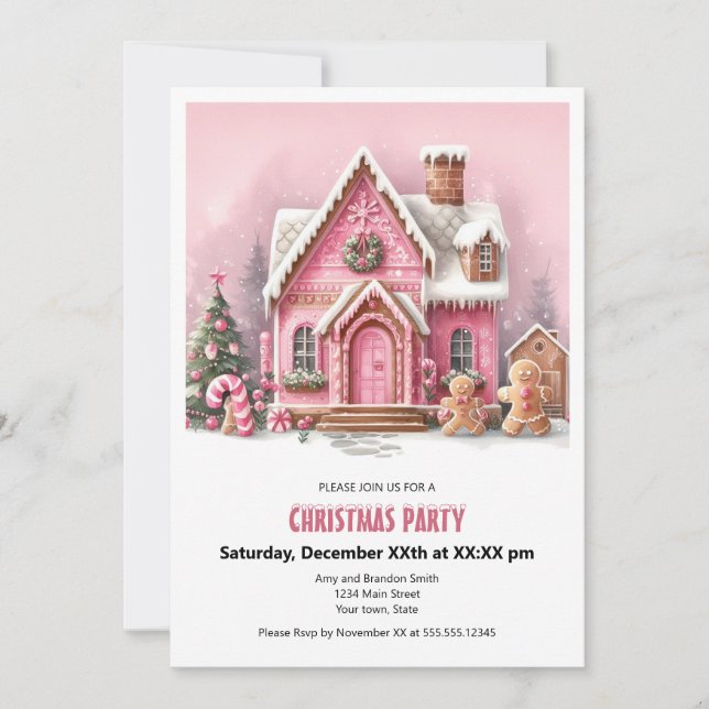 Fun Pink Gingerbread House Christmas Party  Holiday Card (Front)