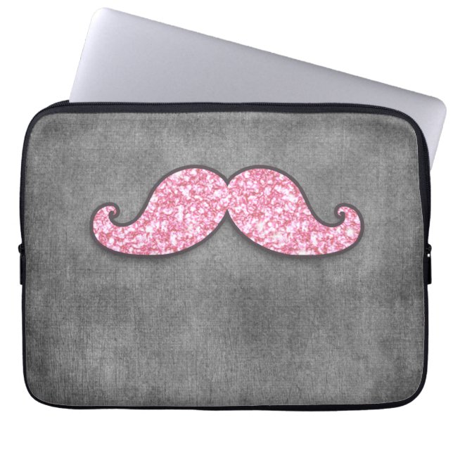 FUN PINK GLITTER MUSTACHE GREY CHALKBOARD LAPTOP SLEEVE (Front)