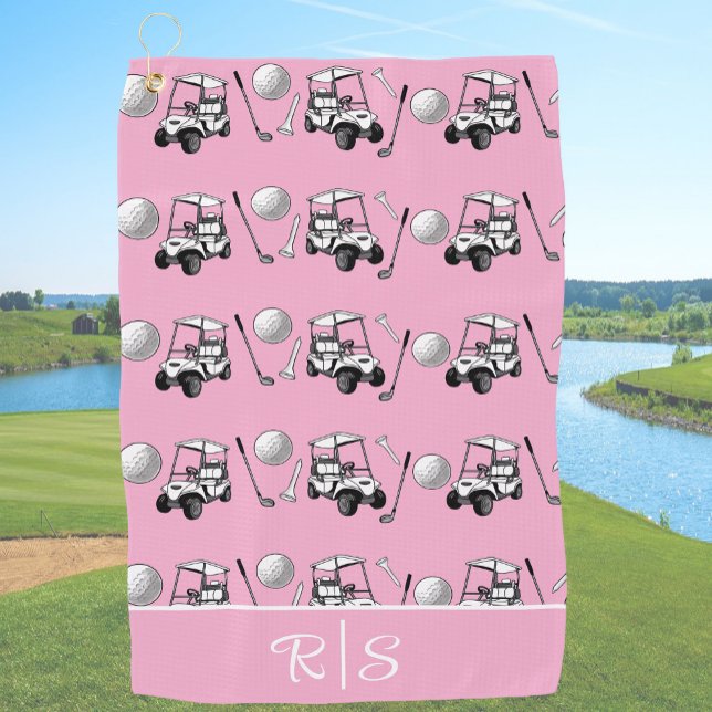 Fun Pink Golf Balls and Cute Cart Custom Monogram Towel (Creator Uploaded)