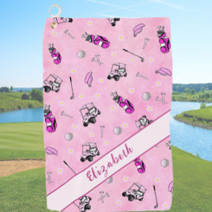 Fun pink golf cart and gear personalised name towel