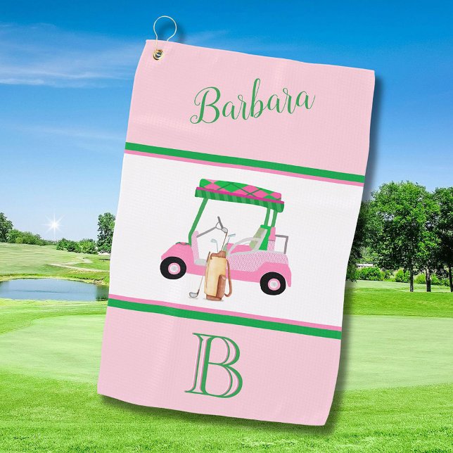 Fun Pink Golf Cart Monogram Name   Golf Towel (Creator Uploaded)
