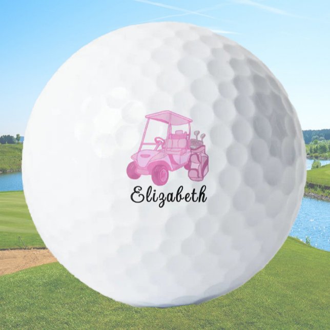 Fun Pink Golf Cart Personalised Name Ladies Balls (Creator Uploaded)