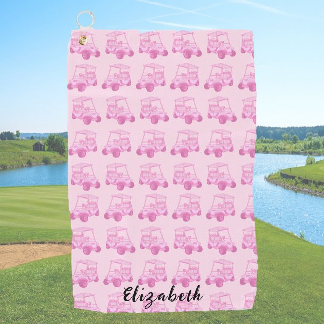 Fun pink golf cart personalised name towel (Creator Uploaded)