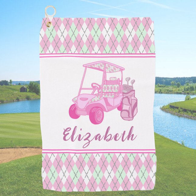 Fun Pink Golf Cart Preppy Personalised Ladies Golf Towel (Creator Uploaded)