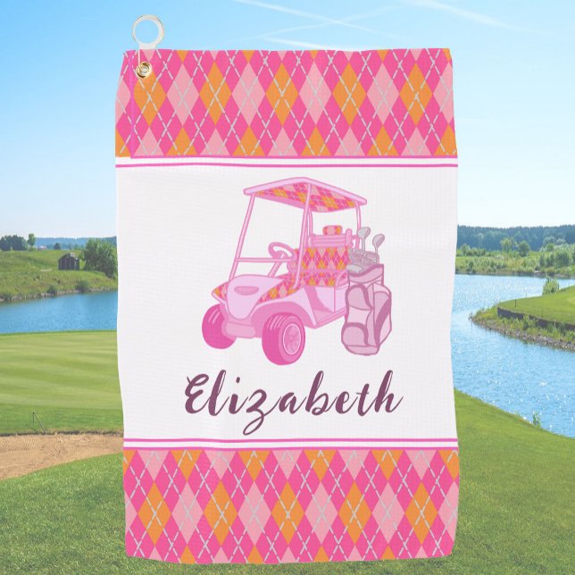 Fun Pink Golf Cart Preppy Personalised Ladies Golf Towel (Creator Uploaded)