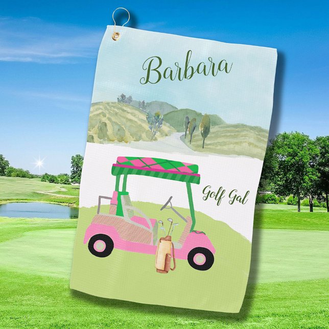 Fun Pink Golf Cart Scenic Personalised Name Towel (Creator Uploaded)