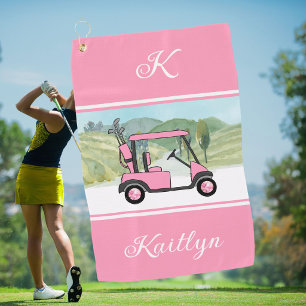 Fun Pink Golf Gal Cart Monogram Name    Towel
