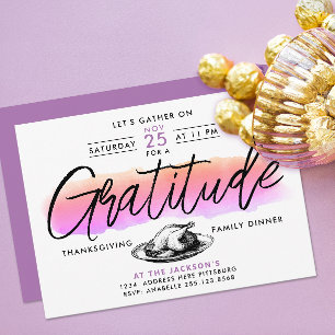 Fun Pink Gratitude Thanksgiving Dinner Watercolor  Invitation