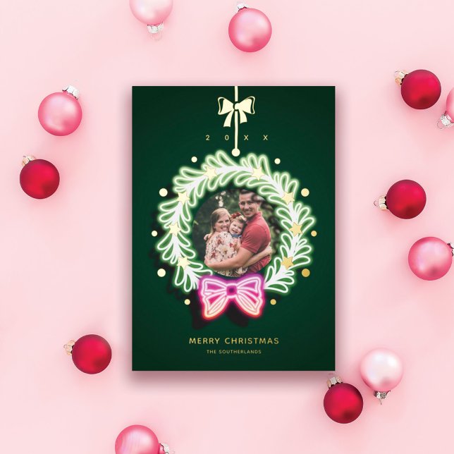 Fun Pink Green Neon Lights Christmas Wreath Photo Foil Holiday Card (Creator Uploaded)