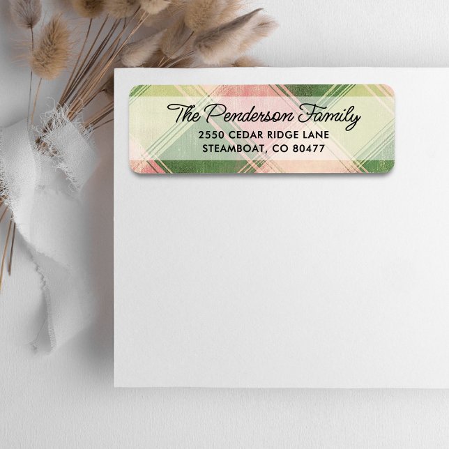 Fun Pink Green Plaid Script Custom Return Address Label (Creator Uploaded)